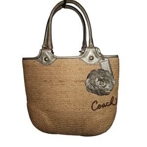 COACH Bleeker Natural Straw Tote Bag Leather Flower & Straps Woven F13373